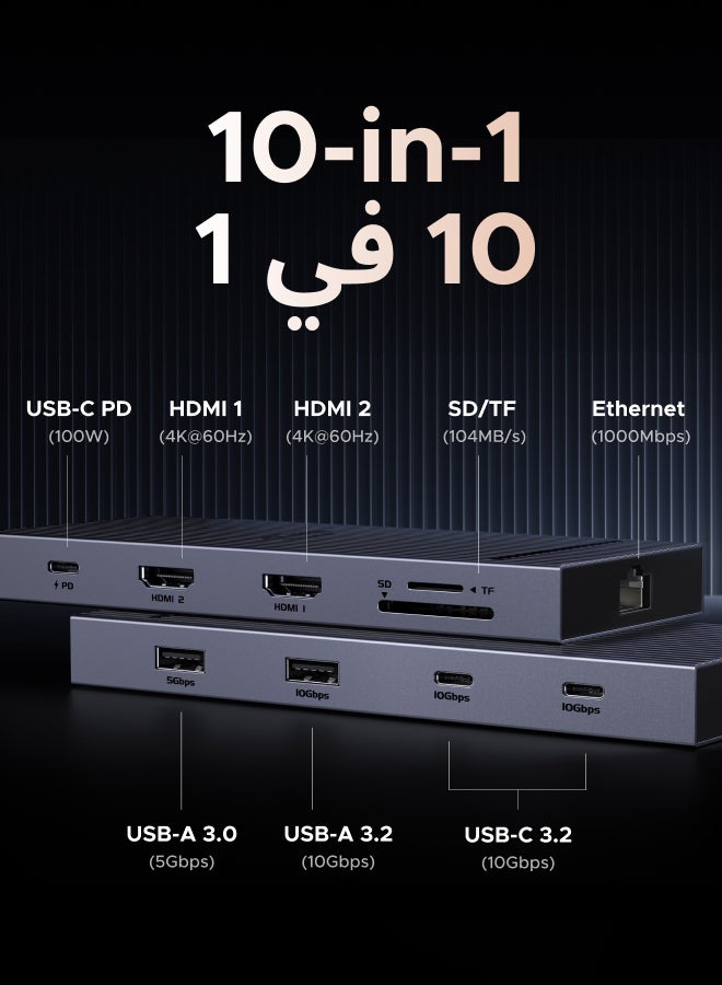 Ugreen - Revodok USB C Hub 10 in 1 Dual HDMI 4K@60Hz Display Docking Station 100W Fast Charging, 1000Mbps Network Hub  USB A 3.0+USB A 3.2+2USB C 3.2 10Gbps Data Transfer SD Card Reader for Macbook Pro | Grey - Image 1