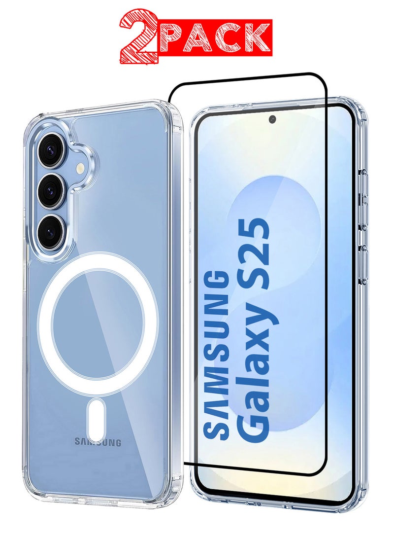 MARGOUN (for Samsung Galaxy S25) 2Packs, Clear Magnetic Ring Case Ultra Slim and Protective with 3D Shock Proof Screen Protector Clear  - Image 1