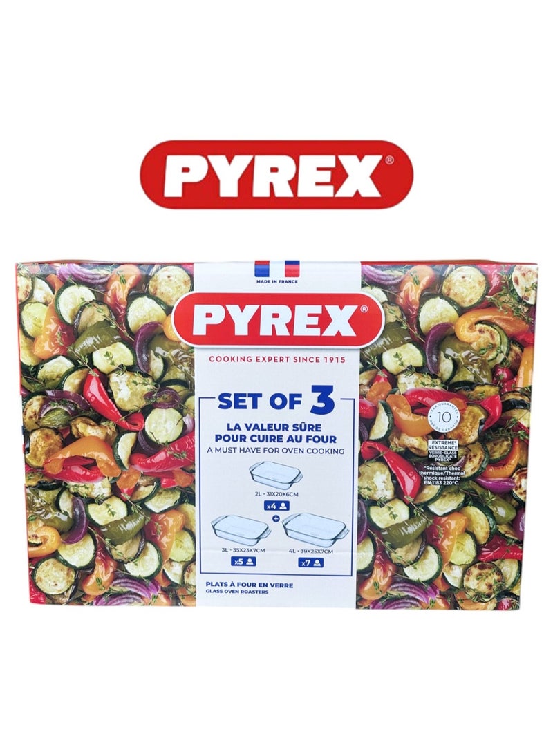 بيريكس Pyrex Roaster Rectangle Set of 3, Oven, Microwave, Freezer, and Dishwasher Safe Clear  - Image 2