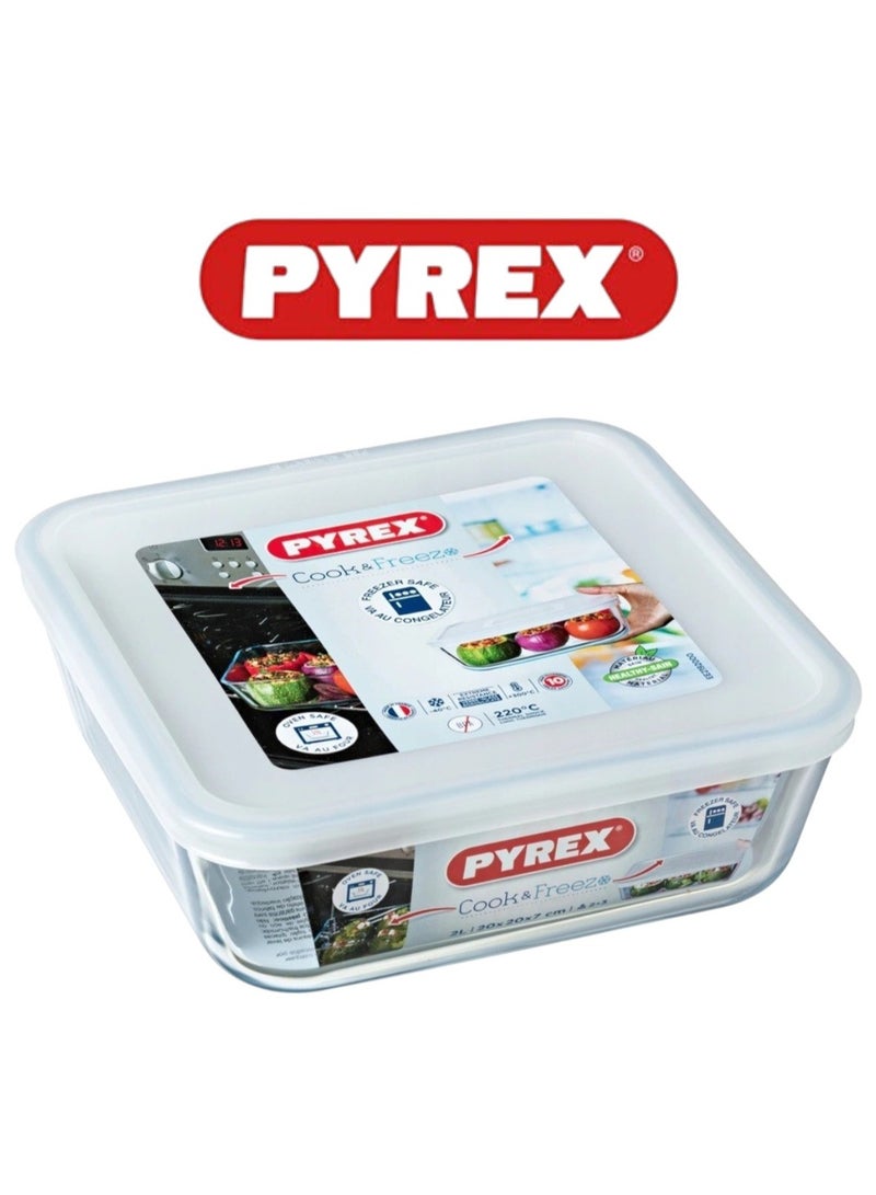 Pyrex Cook & Freeze Square Glass Dish with Plastic Lid (0.8L) – Oven, Microwave, Freezer & Dishwasher Safe - Image 1