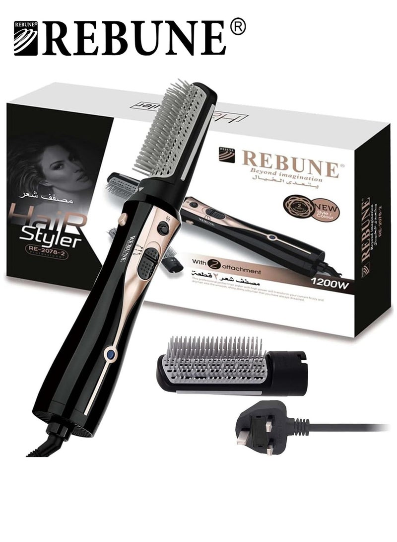 REBUNE Original 1200W Electric Hair Dryer Brush 3 In 1 Hot Air Styler With 2 Attachment RE-2078-2 UAE Plug Black/Gold - Image 1