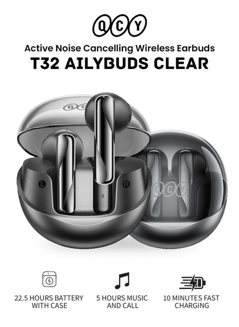 T32 AilyBuds Clear Wireless Earbuds, 5.3 Bluetooth Earphone, 13mm Drivers, Low Latency for Gaming, In-Ear Lightweight Design,Quick Charge and 22.5 Hours Long Battery Black