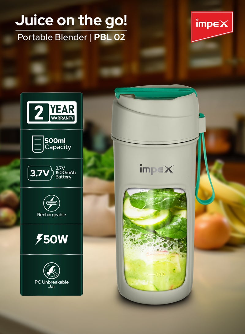 إمبكس Portable Blender, 50 W, Type C Rechargeable Personal Size Juicer Blender, PC Unbreakable Jar, For Mixer for Fruits, Smoothies & Shakes And Crushing Ice - 500 ml 50 W PBL 02 White  - Image 2