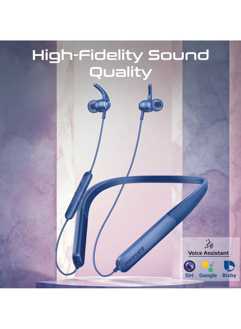 Promate Wireless Neckband Earphones with Multi-Point Pairing, Omni-Directional Mic, 200-hour Playtime, In-Line Controls, Crystal-Clear Call Quality, And Comfortable Neckband for Active Lifestyles, Leap-200H Blue