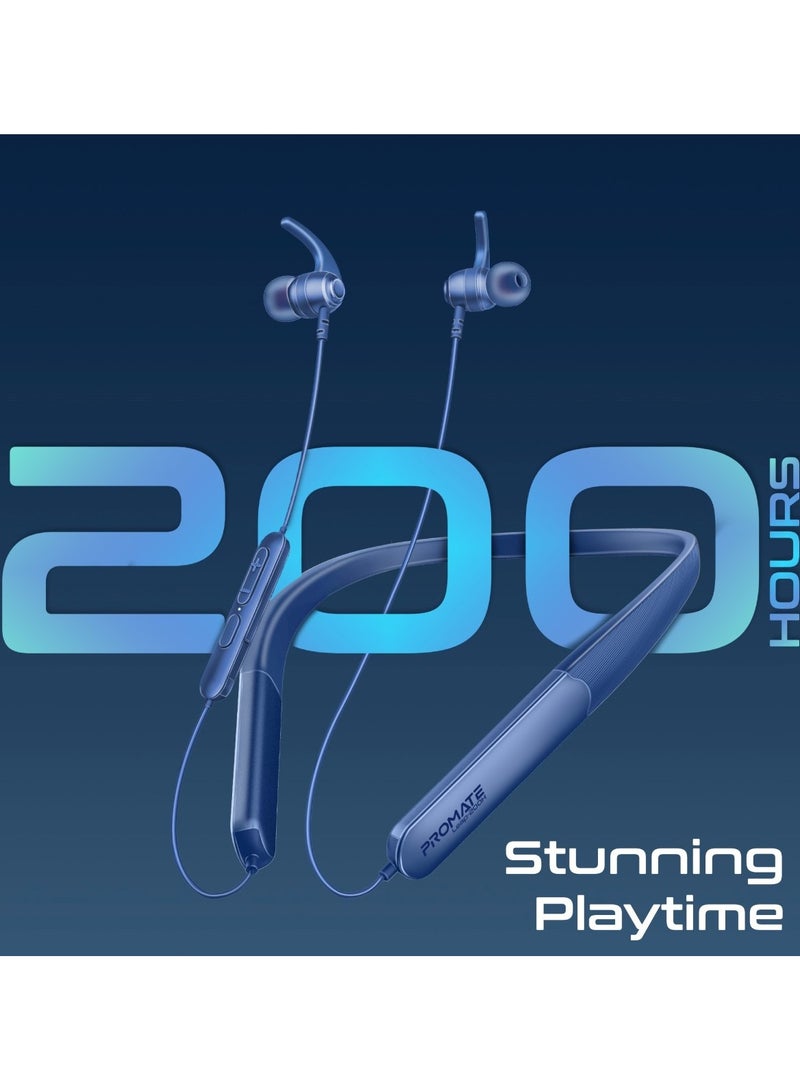 Promate Wireless Neckband Earphones with Multi-Point Pairing, Omni-Directional Mic, 200-hour Playtime, In-Line Controls, Crystal-Clear Call Quality, And Comfortable Neckband for Active Lifestyles, Leap-200H Blue