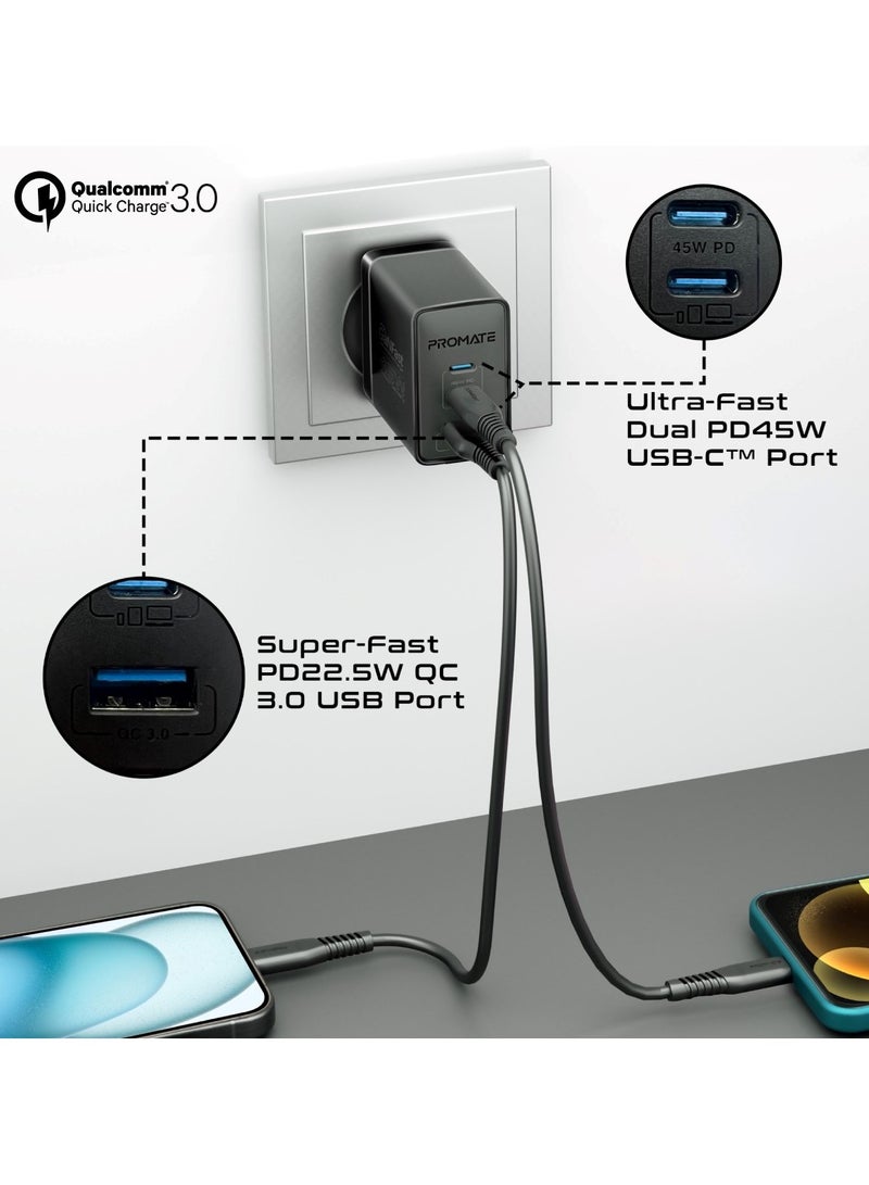 PROMATE - Promate Ultra-Compact Triple Port GaNFast Charger with Dual PD45W USB-C, Super-Fast QC 22.5W USB-A Port, Multi-Regional UK And EU Plug Support, Travel-Friendly Design, And Advanced Protection System - PowerPort-45  UK Black - Image 1