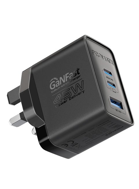 Promate Ultra-Compact Triple Port GaNFast Charger with Dual PD45W USB-C, Super-Fast QC 22.5W USB-A Port, Multi-Regional UK And EU Plug Support, Travel-Friendly Design, And Advanced Protection System - PowerPort-45  UK Black