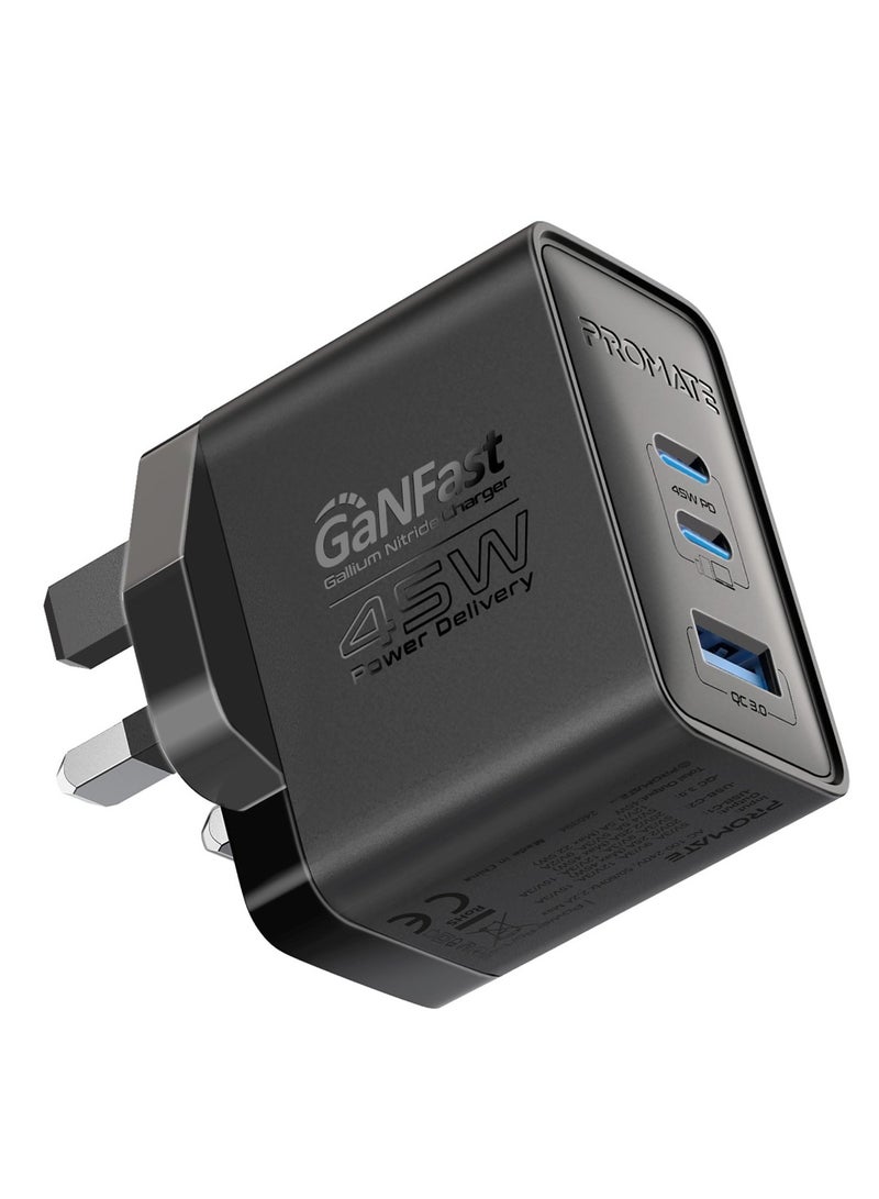 PROMATE - Promate Ultra-Compact Triple Port GaNFast Charger with Dual PD45W USB-C, Super-Fast QC 22.5W USB-A Port, Multi-Regional UK And EU Plug Support, Travel-Friendly Design, And Advanced Protection System - PowerPort-45  UK Black - Image 1