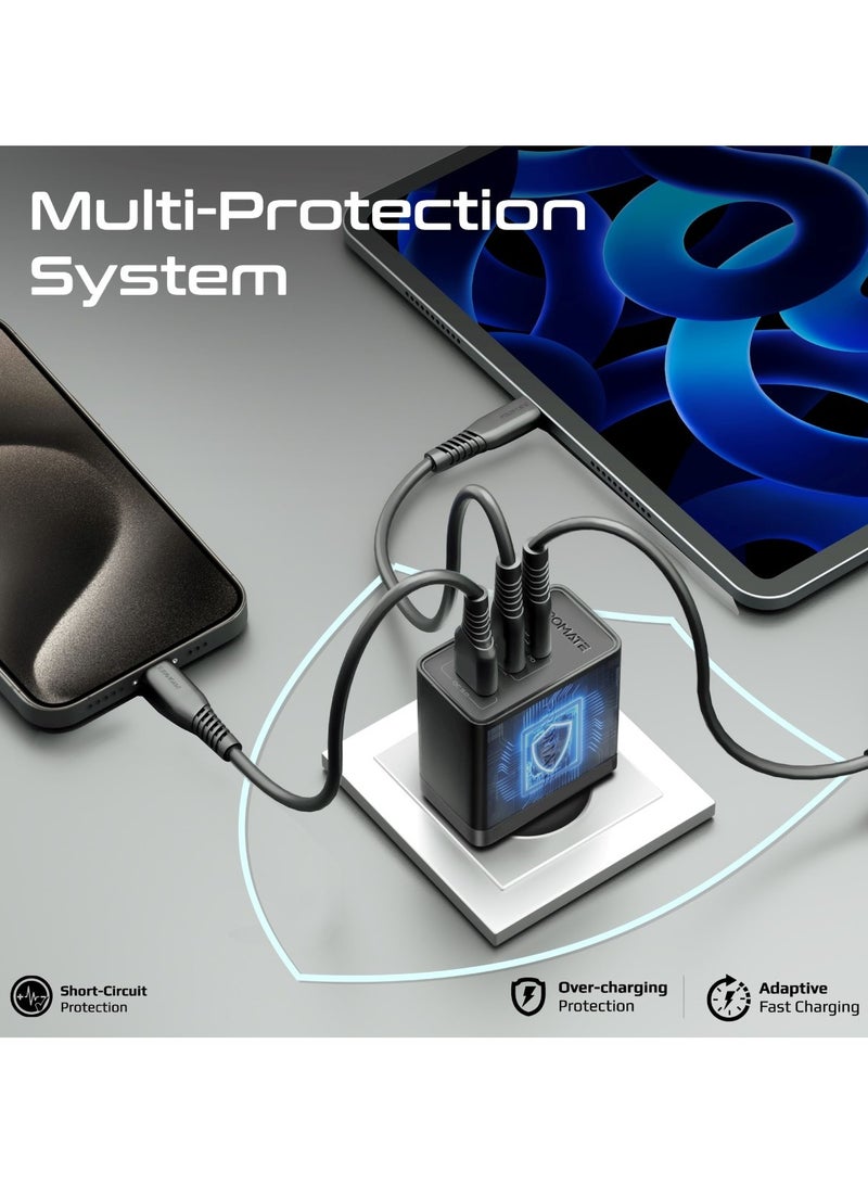 PROMATE - Promate Ultra-Compact Triple Port GaNFast Charger with Dual PD45W USB-C, Super-Fast QC 22.5W USB-A Port, Multi-Regional UK And EU Plug Support, Travel-Friendly Design, And Advanced Protection System - PowerPort-45  UK Black - Image 1