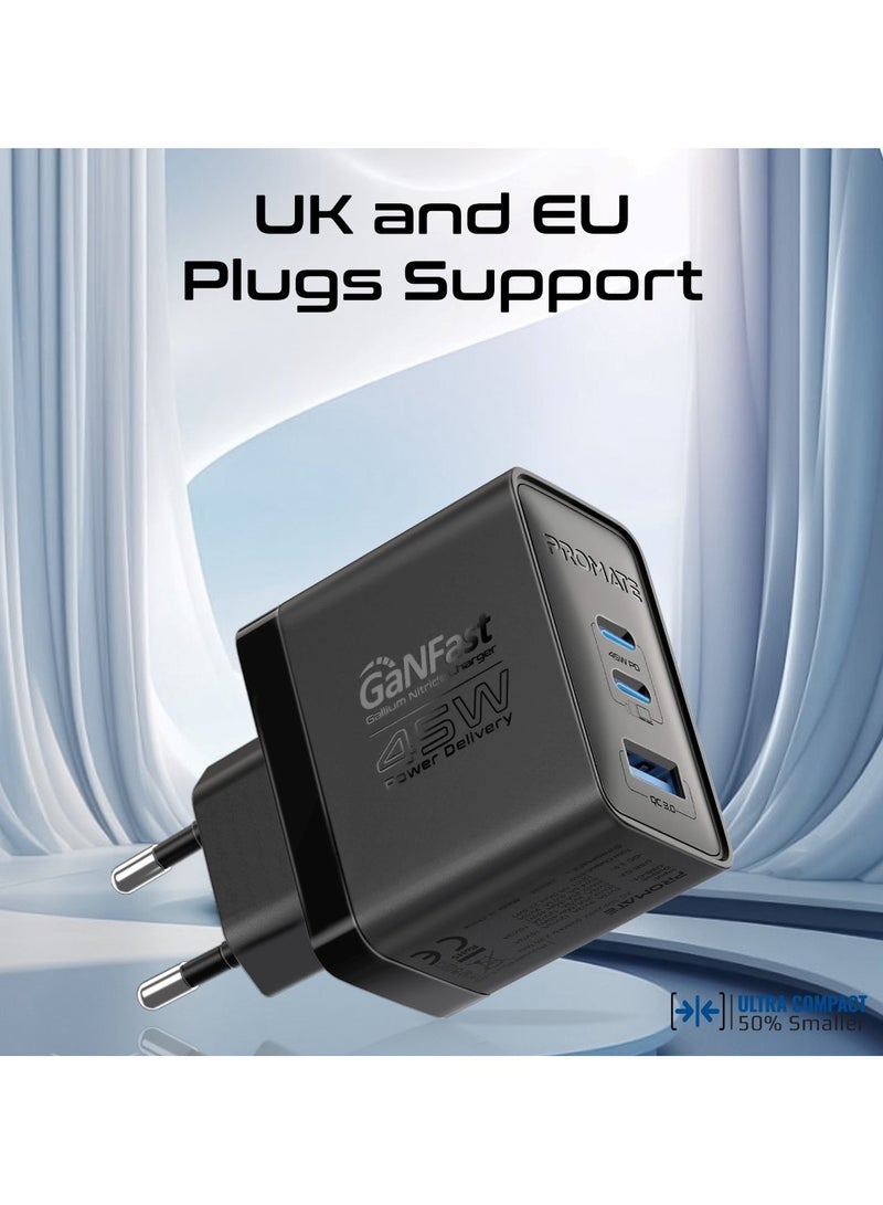 PROMATE - Promate Ultra-Compact Triple Port GaNFast Charger with Dual PD45W USB-C, Super-Fast QC 22.5W USB-A Port, Multi-Regional UK And EU Plug Support, Travel-Friendly Design, And Advanced Protection System - PowerPort-45  UK Black - Image 1