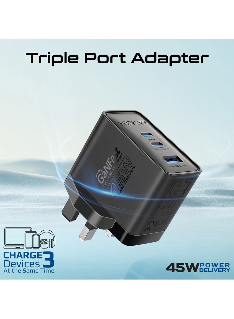 Promate Ultra-Compact Triple Port GaNFast Charger with Dual PD45W USB-C, Super-Fast QC 22.5W USB-A Port, Multi-Regional UK And EU Plug Support, Travel-Friendly Design, And Advanced Protection System - PowerPort-45  UK Black - Image 3