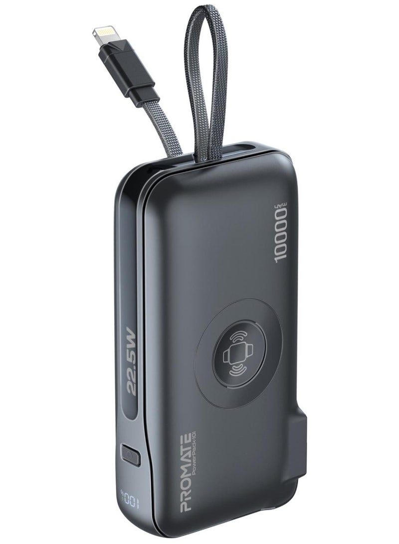 Promate Power Bank and AC Wall Charger with Wireless Apple Watch Charger, 20W USB-C In/Out Port, Built-In Lightning Cable, 22.5W USB-A Quick Charge, Digital Display, and Multi-Protection System, PowerPack-10i Black - Image 1