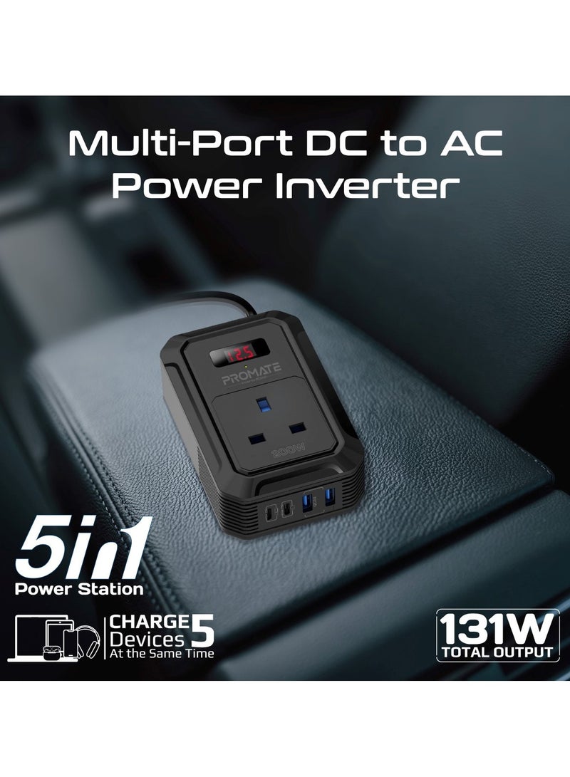 PROMATE - Promate 200W AC Socket Car Power Inverter with Multi-Port Outputs, Dual PD65W and 30W USB-C Ports, Dual QC18W USB-A Ports, Fire-Resistant Design, And Real-Time LCD Screen for Portable Charging, Inverto Black - Image 1
