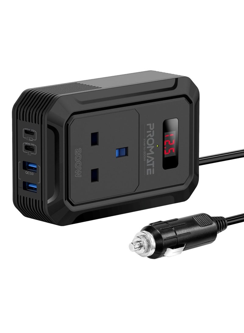 PROMATE - Promate 200W AC Socket Car Power Inverter with Multi-Port Outputs, Dual PD65W and 30W USB-C Ports, Dual QC18W USB-A Ports, Fire-Resistant Design, And Real-Time LCD Screen for Portable Charging, Inverto Black - Image 1