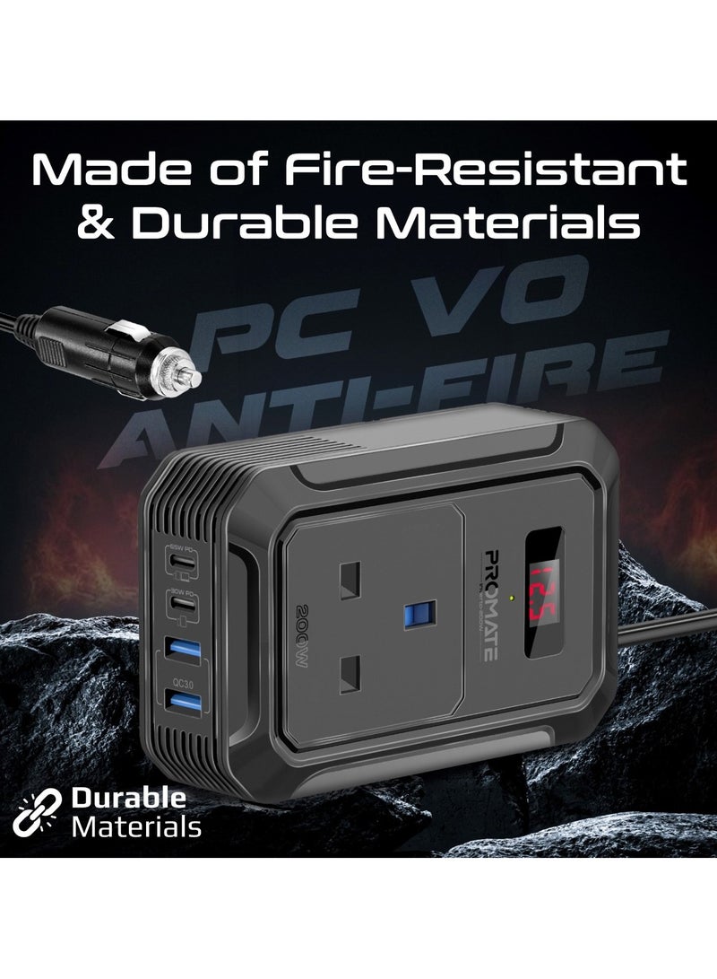 PROMATE - Promate 200W AC Socket Car Power Inverter with Multi-Port Outputs, Dual PD65W and 30W USB-C Ports, Dual QC18W USB-A Ports, Fire-Resistant Design, And Real-Time LCD Screen for Portable Charging, Inverto Black - Image 1