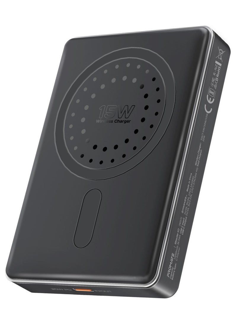 بروميت Promate Powerful Power Bank, 10000mAh Battery Charger with 15W MagSafe Compatible Fast Charging, 20W USB-C Input/Output Port, Charge Protection, Smart Battery Indicators, and Durable Aluminium Design, Blade-10 Black - Image 1