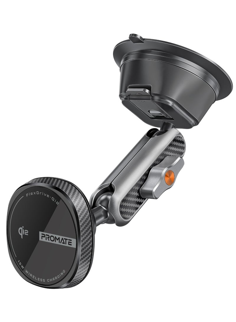 PROMATE - Promate Qi2-certified Wireless Car Mount, Ultra-Fast MagSafe Car Charger with 15W Output, Adjustable Arm, Dual Ball Joint Design, Dashboard & Windshield Support, Charge Protection, 360 Degree Rotation, FlexDrive-Qi2 Black - Image 1