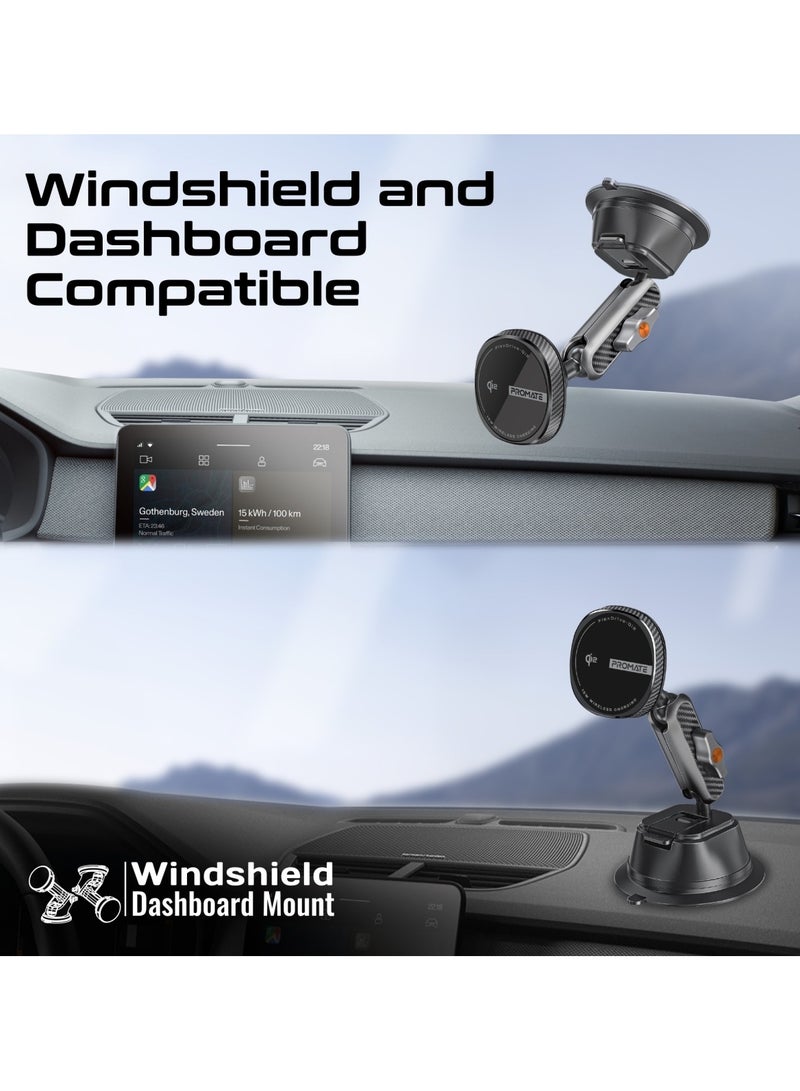 PROMATE - Promate Qi2-certified Wireless Car Mount, Ultra-Fast MagSafe Car Charger with 15W Output, Adjustable Arm, Dual Ball Joint Design, Dashboard & Windshield Support, Charge Protection, 360 Degree Rotation, FlexDrive-Qi2 Black - Image 1