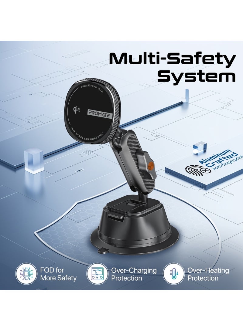PROMATE - Promate Qi2-certified Wireless Car Mount, Ultra-Fast MagSafe Car Charger with 15W Output, Adjustable Arm, Dual Ball Joint Design, Dashboard & Windshield Support, Charge Protection, 360 Degree Rotation, FlexDrive-Qi2 Black - Image 1