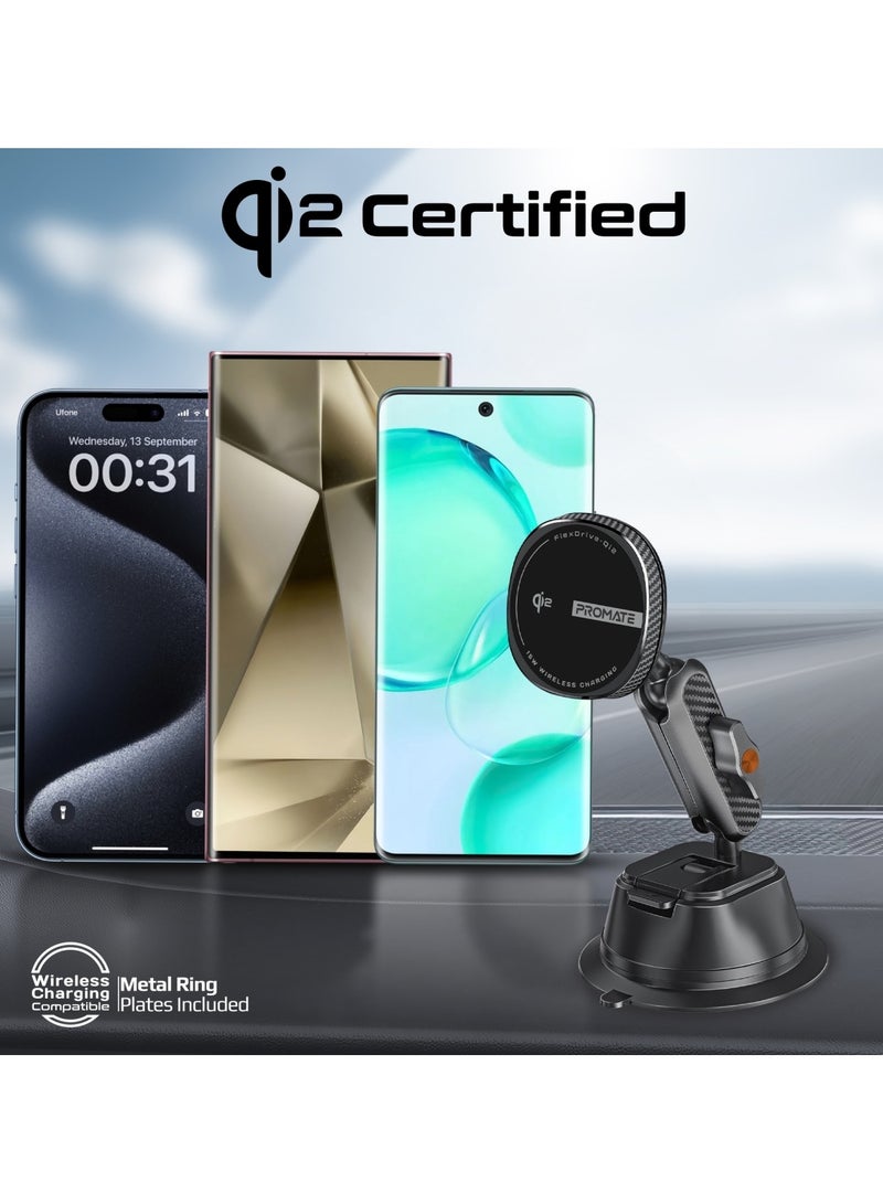 PROMATE - Promate Qi2-certified Wireless Car Mount, Ultra-Fast MagSafe Car Charger with 15W Output, Adjustable Arm, Dual Ball Joint Design, Dashboard & Windshield Support, Charge Protection, 360 Degree Rotation, FlexDrive-Qi2 Black - Image 1