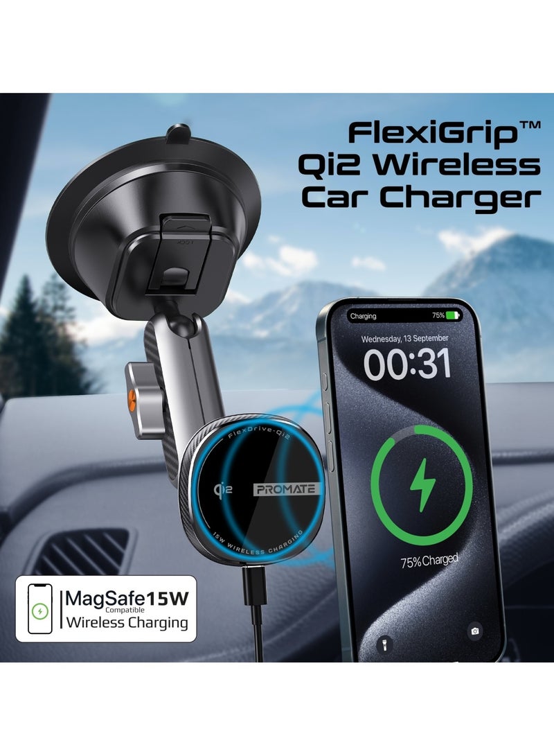PROMATE - Promate Qi2-certified Wireless Car Mount, Ultra-Fast MagSafe Car Charger with 15W Output, Adjustable Arm, Dual Ball Joint Design, Dashboard & Windshield Support, Charge Protection, 360 Degree Rotation, FlexDrive-Qi2 Black - Image 1