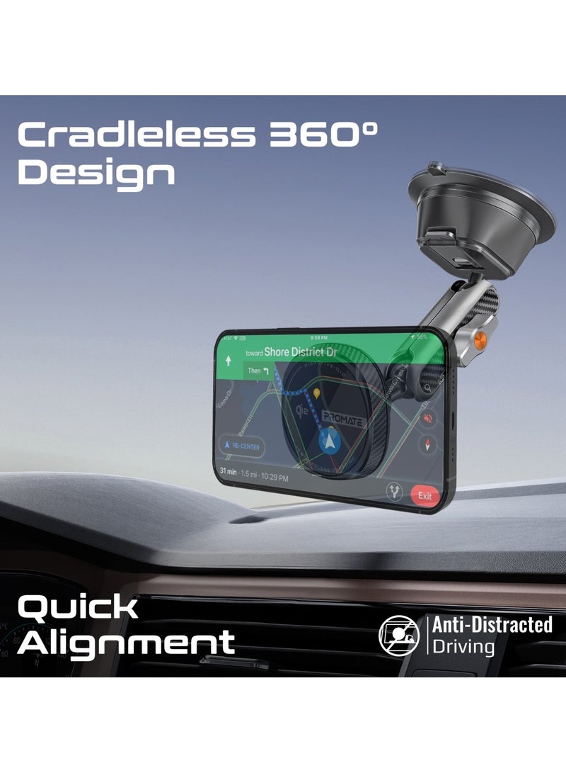 PROMATE - Promate Qi2-certified Wireless Car Mount, Ultra-Fast MagSafe Car Charger with 15W Output, Adjustable Arm, Dual Ball Joint Design, Dashboard & Windshield Support, Charge Protection, 360 Degree Rotation, FlexDrive-Qi2 Black - Image 1