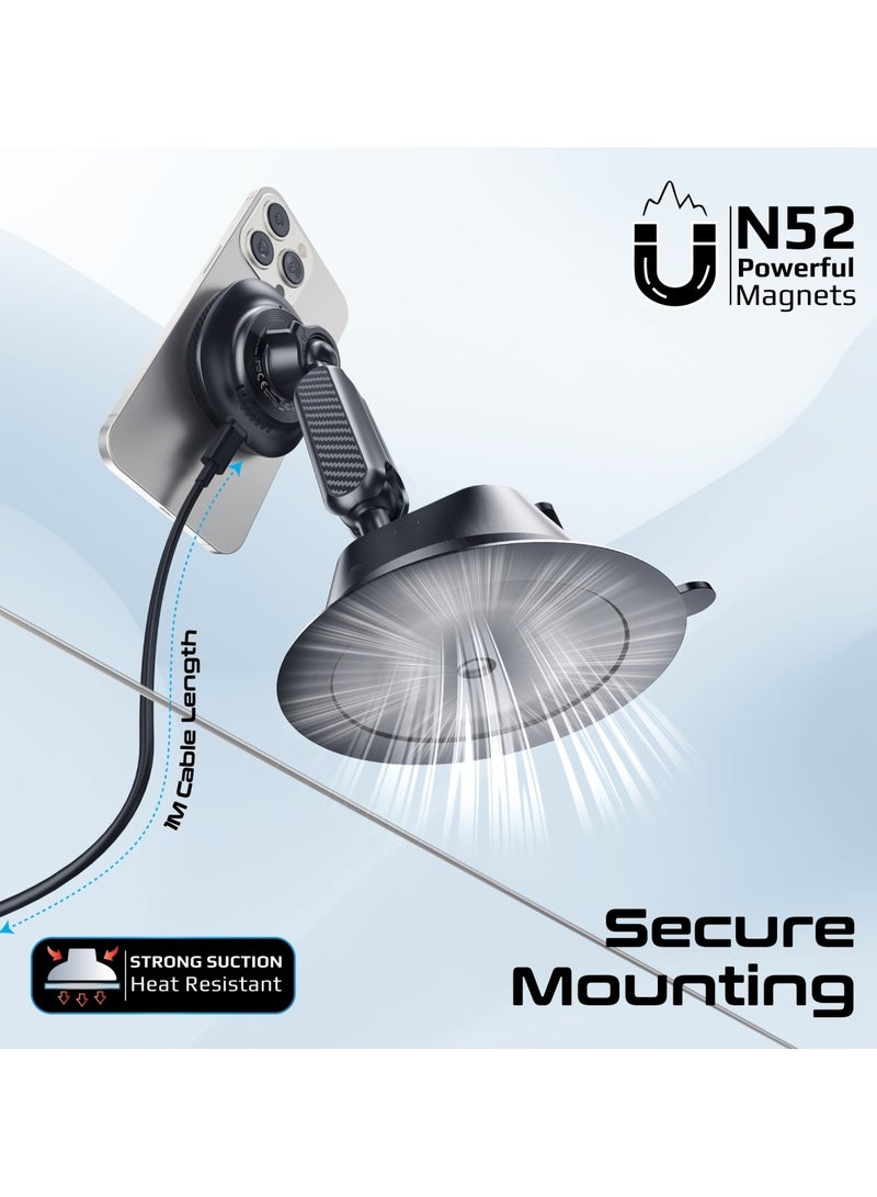 PROMATE - Promate Qi2-certified Wireless Car Mount, Ultra-Fast MagSafe Car Charger with 15W Output, Adjustable Arm, Dual Ball Joint Design, Dashboard & Windshield Support, Charge Protection, 360 Degree Rotation, FlexDrive-Qi2 Black - Image 1