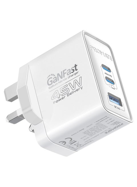 Promate Ultra-Compact Triple Port GaNFast Charger with Dual PD45W USB-C, Super-Fast QC 22.5W USB-A Port, Multi-Regional UK And EU Plug Support, Travel-Friendly Design, And Advanced Protection System - PowerPort-45  UK White