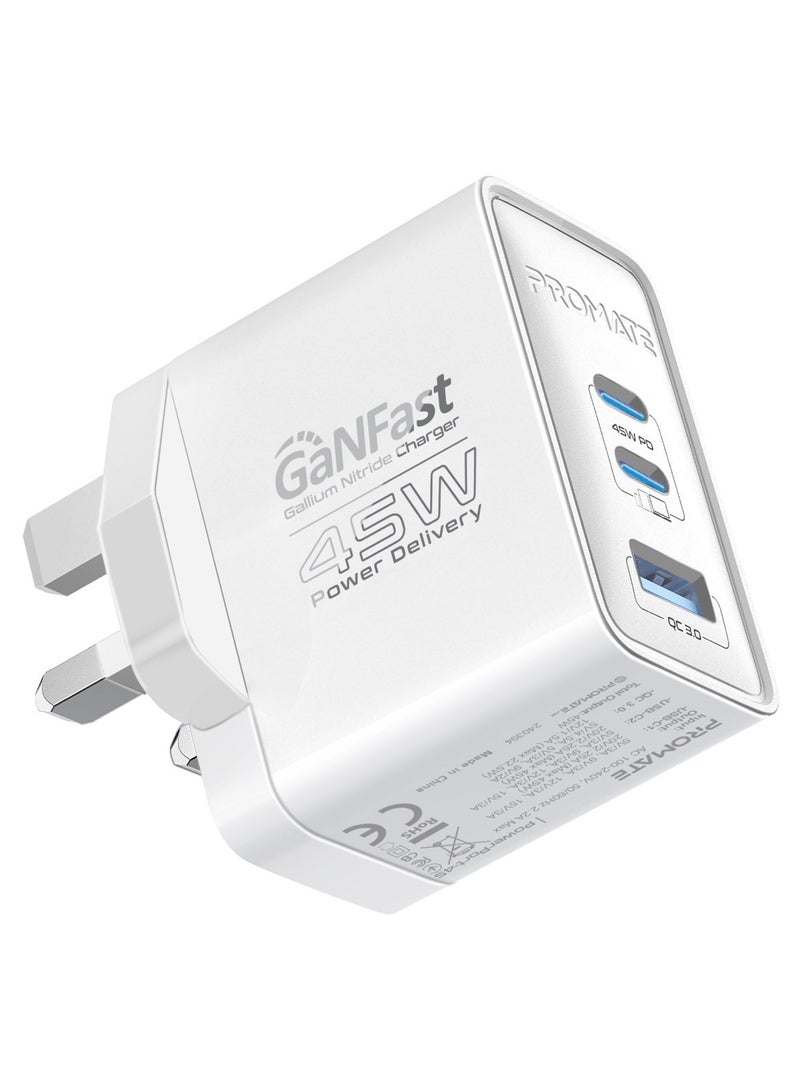 PROMATE - Promate Ultra-Compact Triple Port GaNFast Charger with Dual PD45W USB-C, Super-Fast QC 22.5W USB-A Port, Multi-Regional UK And EU Plug Support, Travel-Friendly Design, And Advanced Protection System - PowerPort-45  UK White - Image 1