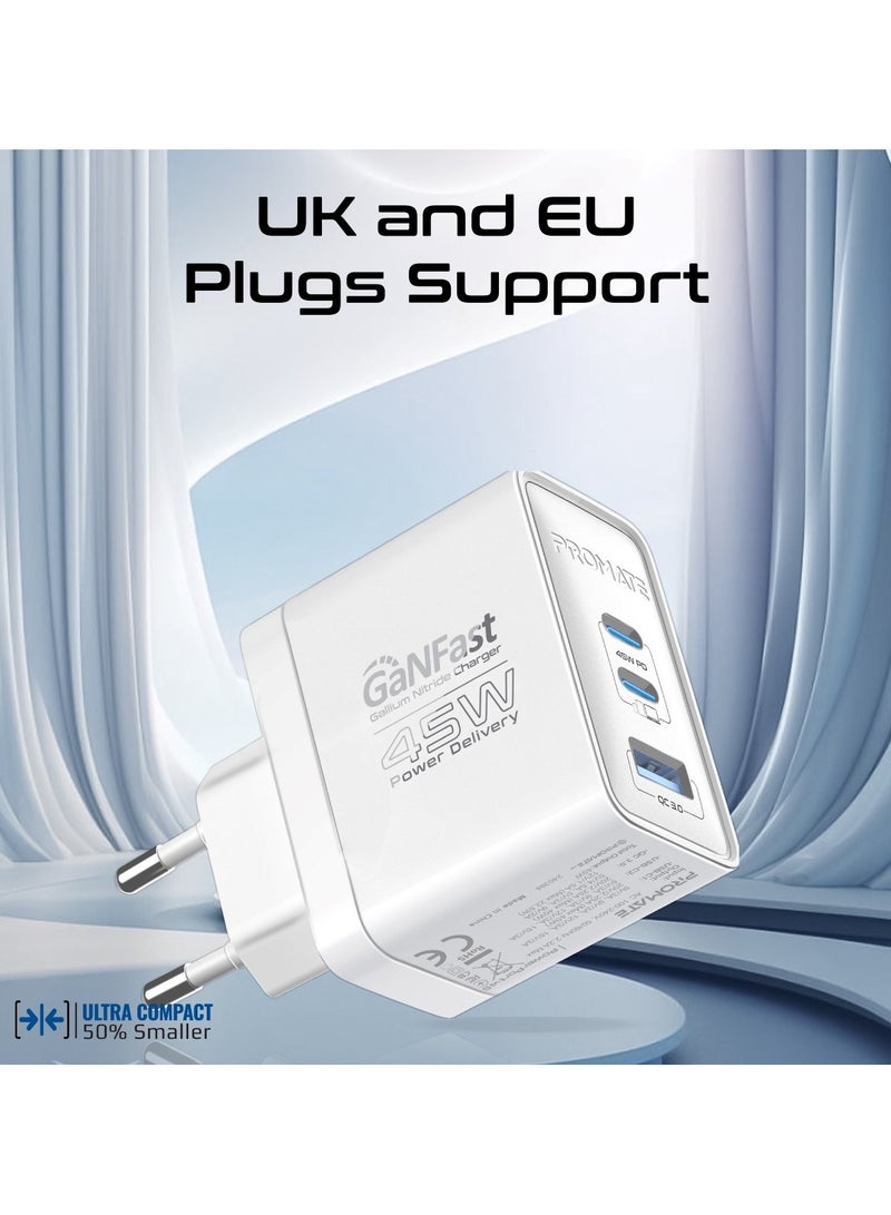 PROMATE - Promate Ultra-Compact Triple Port GaNFast Charger with Dual PD45W USB-C, Super-Fast QC 22.5W USB-A Port, Multi-Regional UK And EU Plug Support, Travel-Friendly Design, And Advanced Protection System - PowerPort-45  UK White - Image 1