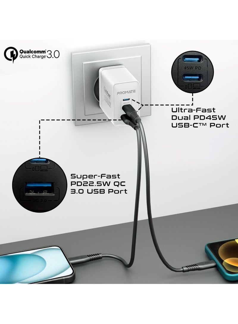 PROMATE - Promate Ultra-Compact Triple Port GaNFast Charger with Dual PD45W USB-C, Super-Fast QC 22.5W USB-A Port, Multi-Regional UK And EU Plug Support, Travel-Friendly Design, And Advanced Protection System - PowerPort-45  UK White - Image 1