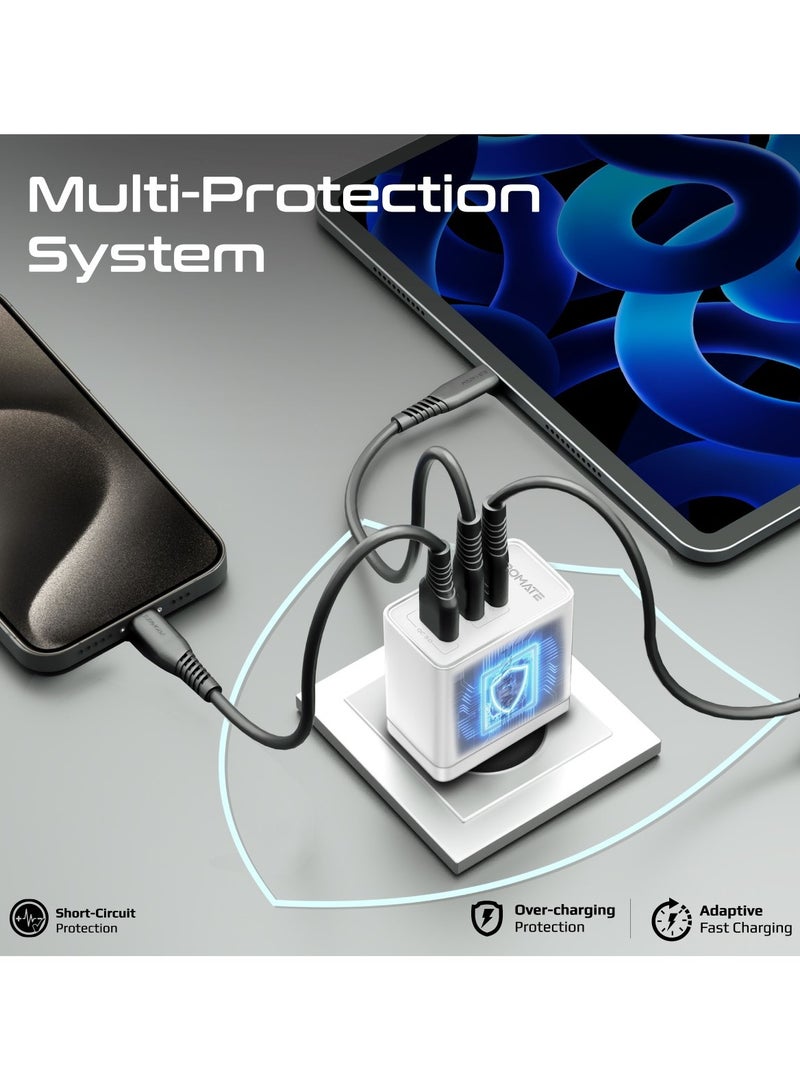 PROMATE - Promate Ultra-Compact Triple Port GaNFast Charger with Dual PD45W USB-C, Super-Fast QC 22.5W USB-A Port, Multi-Regional UK And EU Plug Support, Travel-Friendly Design, And Advanced Protection System - PowerPort-45  UK White - Image 1