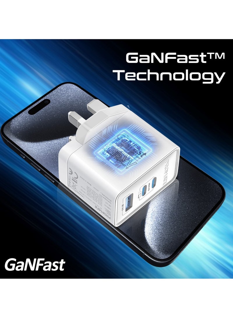 PROMATE - Promate Ultra-Compact Triple Port GaNFast Charger with Dual PD45W USB-C, Super-Fast QC 22.5W USB-A Port, Multi-Regional UK And EU Plug Support, Travel-Friendly Design, And Advanced Protection System - PowerPort-45  UK White - Image 1