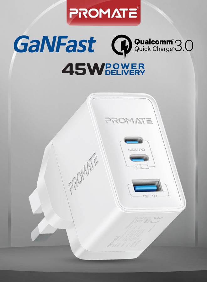 بروميت Promate Ultra-Compact Triple Port GaNFast Charger with Dual PD45W USB-C, Super-Fast QC 22.5W USB-A Port, Multi-Regional UK And EU Plug Support, Travel-Friendly Design, And Advanced Protection System - PowerPort-45  UK White - Image 2