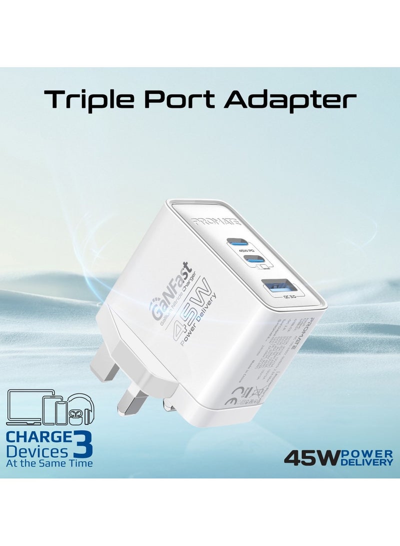 بروميت Promate Ultra-Compact Triple Port GaNFast Charger with Dual PD45W USB-C, Super-Fast QC 22.5W USB-A Port, Multi-Regional UK And EU Plug Support, Travel-Friendly Design, And Advanced Protection System - PowerPort-45  UK White - Image 3