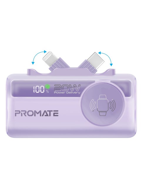 5000 mAh Promate 5000mAh Portable Power Bank with Built-In 20W USB-C In/Out Foldable Connector and 12W Lightning Foldable Connector, Apple Watch Charger, Fast USB-C Charging Port, Charge Protection, LED Display, PowerUp-Trio Purple