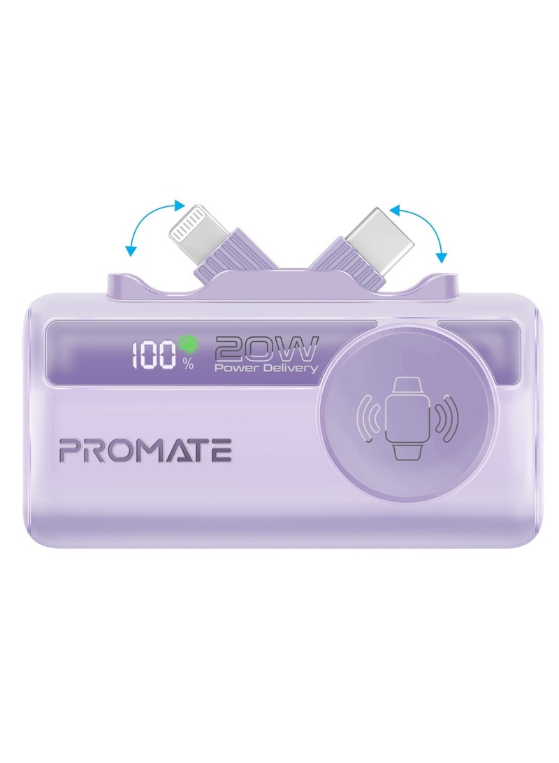 PROMATE - 5000 mAh Promate 5000mAh Portable Power Bank with Built-In 20W USB-C In/Out Foldable Connector and 12W Lightning Foldable Connector, Apple Watch Charger, Fast USB-C Charging Port, Charge Protection, LED Display, PowerUp-Trio Purple - Image 1