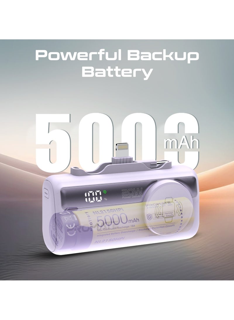 PROMATE - 5000 mAh Promate 5000mAh Portable Power Bank with Built-In 20W USB-C In/Out Foldable Connector and 12W Lightning Foldable Connector, Apple Watch Charger, Fast USB-C Charging Port, Charge Protection, LED Display, PowerUp-Trio Purple - Image 1