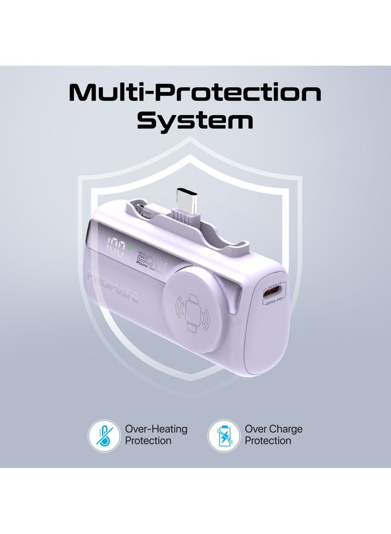 PROMATE - 5000 mAh Promate 5000mAh Portable Power Bank with Built-In 20W USB-C In/Out Foldable Connector and 12W Lightning Foldable Connector, Apple Watch Charger, Fast USB-C Charging Port, Charge Protection, LED Display, PowerUp-Trio Purple - Image 1