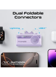 PROMATE 5000 mAh Promate 5000mAh Portable Power Bank with Built-In 20W USB-C In/Out Foldable Connector and 12W Lightning Foldable Connector, Apple Watch Charger, Fast USB-C Charging Port, Charge Protection, LED Display, PowerUp-Trio Purple  - Image 3