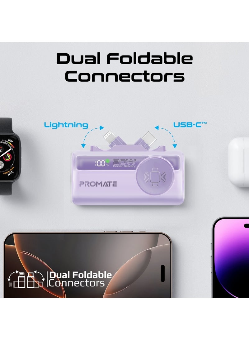 PROMATE - 5000 mAh Promate 5000mAh Portable Power Bank with Built-In 20W USB-C In/Out Foldable Connector and 12W Lightning Foldable Connector, Apple Watch Charger, Fast USB-C Charging Port, Charge Protection, LED Display, PowerUp-Trio Purple - Image 1
