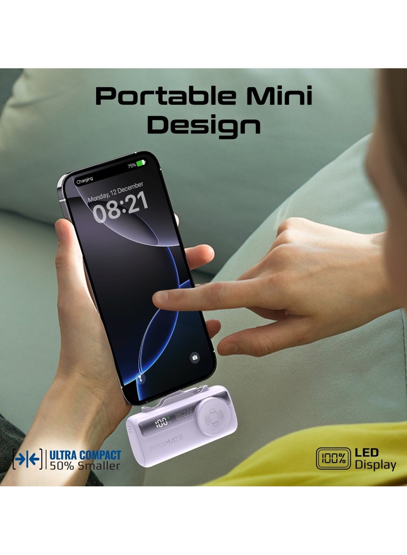 PROMATE - 5000 mAh Promate 5000mAh Portable Power Bank with Built-In 20W USB-C In/Out Foldable Connector and 12W Lightning Foldable Connector, Apple Watch Charger, Fast USB-C Charging Port, Charge Protection, LED Display, PowerUp-Trio Purple - Image 1
