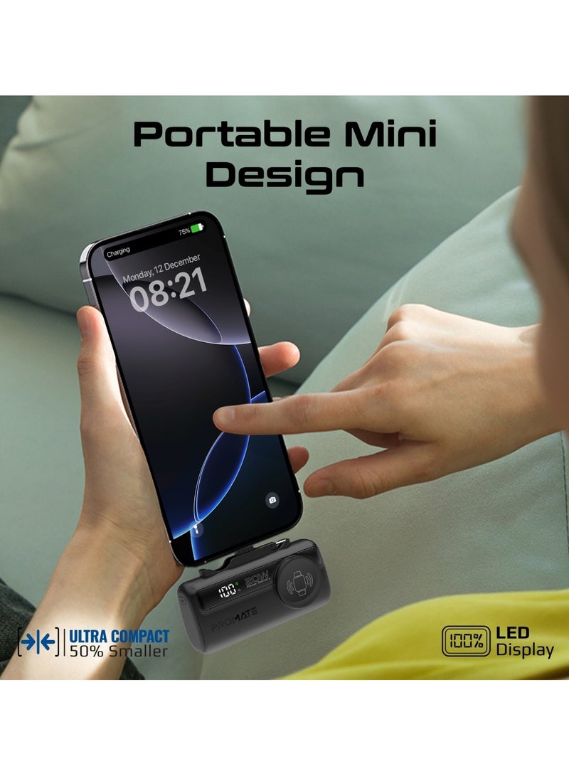 PROMATE - 5000 mAh Promate 5000mAh Portable Power Bank with Built-In 20W USB-C In/Out Foldable Connector and 12W Lightning Foldable Connector, Apple Watch Charger, Fast USB-C Charging Port, Charge Protection, LED Display, PowerUp-Trio Black - Image 1