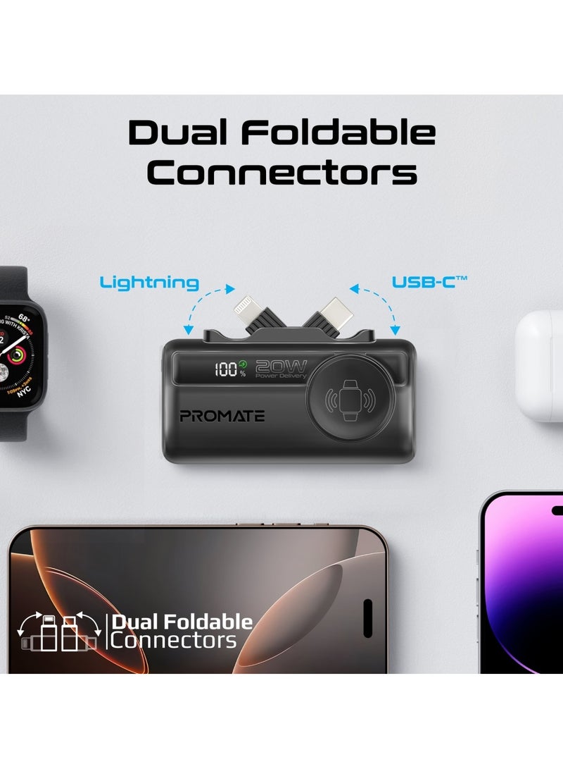 PROMATE - 5000 mAh Promate 5000mAh Portable Power Bank with Built-In 20W USB-C In/Out Foldable Connector and 12W Lightning Foldable Connector, Apple Watch Charger, Fast USB-C Charging Port, Charge Protection, LED Display, PowerUp-Trio Black - Image 1