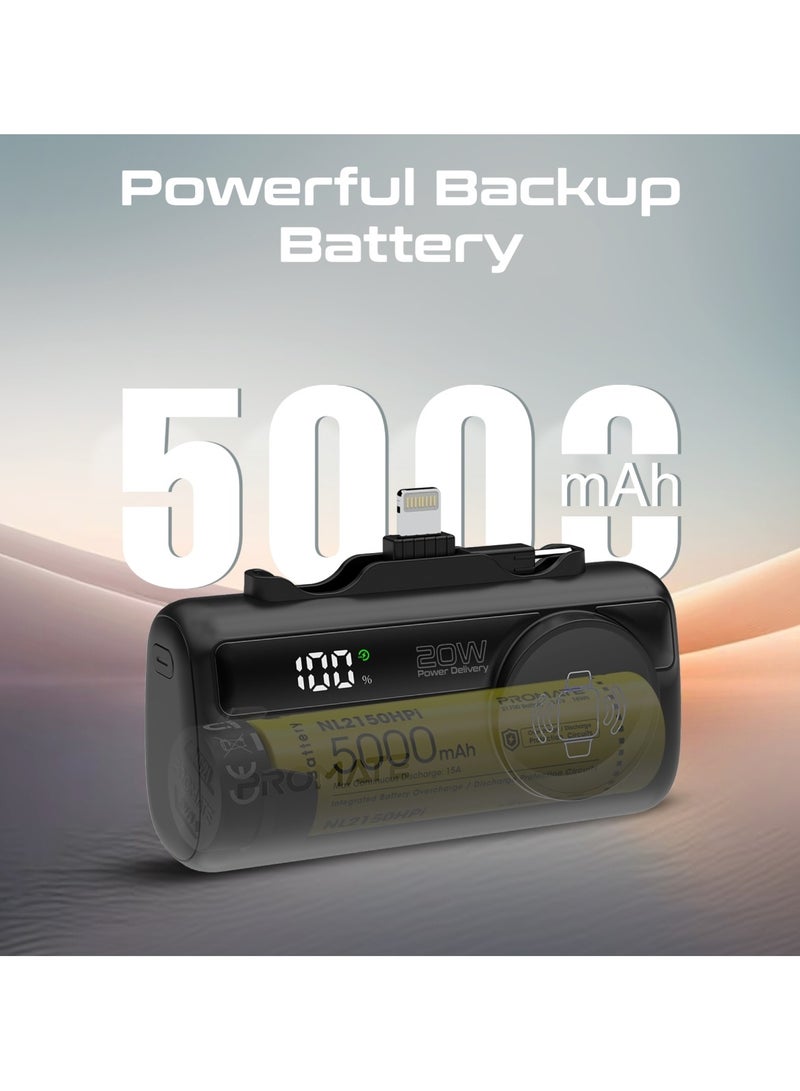 PROMATE - 5000 mAh Promate 5000mAh Portable Power Bank with Built-In 20W USB-C In/Out Foldable Connector and 12W Lightning Foldable Connector, Apple Watch Charger, Fast USB-C Charging Port, Charge Protection, LED Display, PowerUp-Trio Black - Image 1