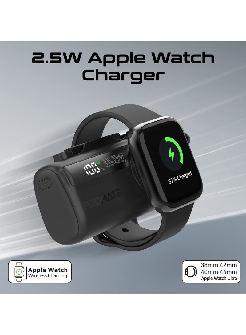 PROMATE - 5000 mAh Promate 5000mAh Portable Power Bank with Built-In 20W USB-C In/Out Foldable Connector and 12W Lightning Foldable Connector, Apple Watch Charger, Fast USB-C Charging Port, Charge Protection, LED Display, PowerUp-Trio Black - Image 1