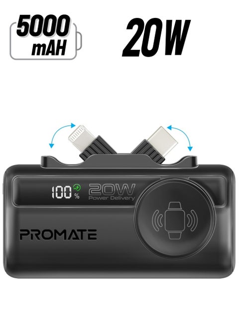 5000 mAh Promate 5000mAh Portable Power Bank with Built-In 20W USB-C In/Out Foldable Connector and 12W Lightning Foldable Connector, Apple Watch Charger, Fast USB-C Charging Port, Charge Protection, LED Display, PowerUp-Trio Black