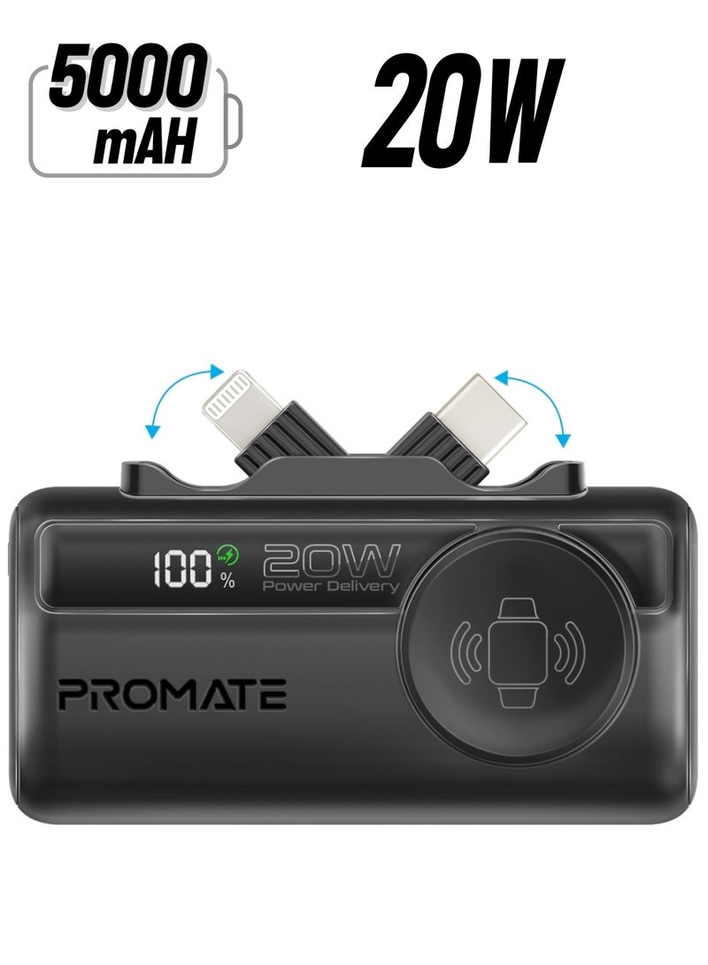 PROMATE - 5000 mAh Promate 5000mAh Portable Power Bank with Built-In 20W USB-C In/Out Foldable Connector and 12W Lightning Foldable Connector, Apple Watch Charger, Fast USB-C Charging Port, Charge Protection, LED Display, PowerUp-Trio Black - Image 1