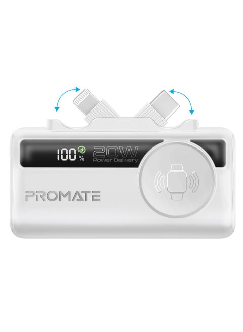 5000 mAh Promate 5000mAh Portable Power Bank with Built-In 20W USB-C In/Out Foldable Connector and 12W Lightning Foldable Connector, Apple Watch Charger, Fast USB-C Charging Port, Charge Protection, LED Display, PowerUp-Trio White