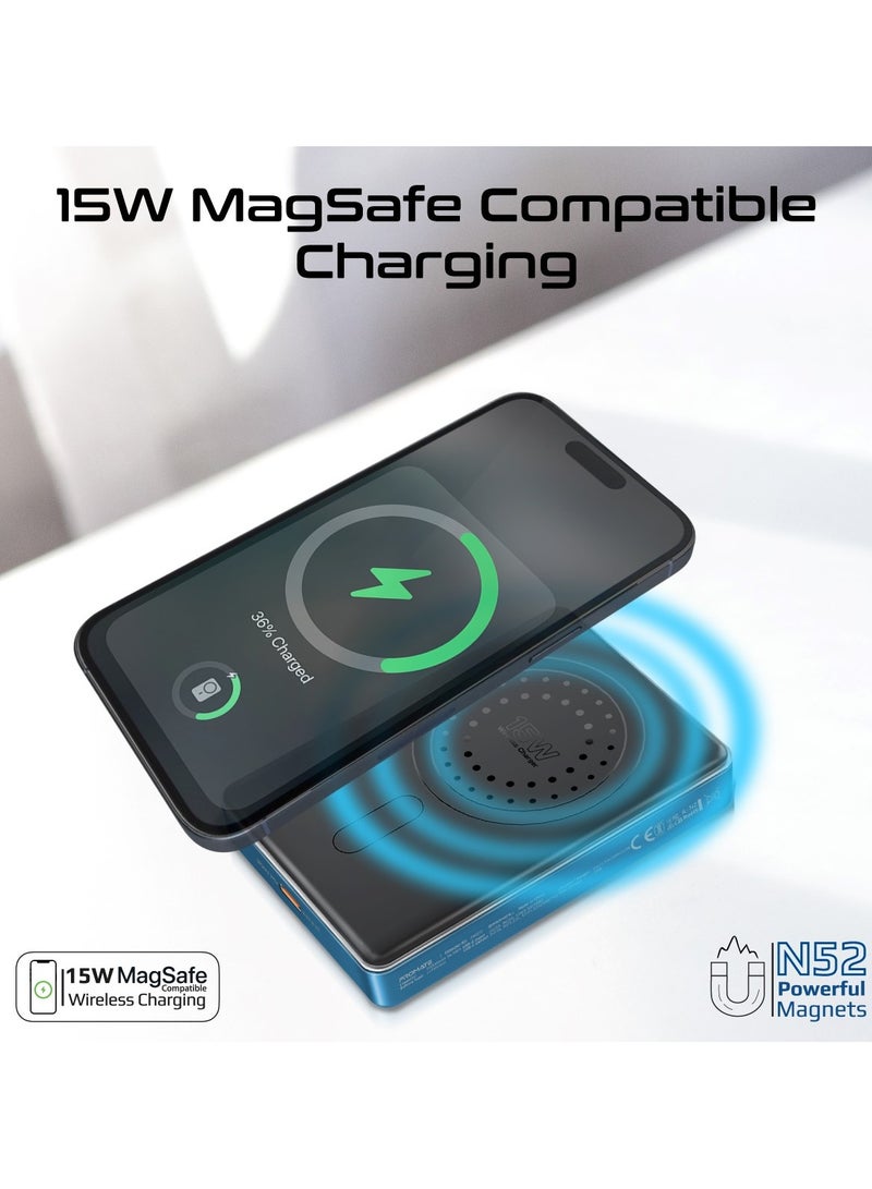 PROMATE - 10000 mAh Promate Powerful Power Bank, 10000mAh Battery Charger with 15W MagSafe Compatible Fast Charging, 20W USB-C Input/Output Port, Charge Protection, Smart Battery Indicators, and Durable Aluminium Design, Blade-10 Blue - Image 1